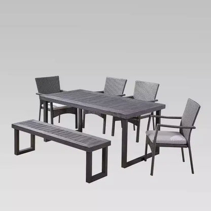 Set da pranzo Garner con 6 sedie in legno e vimini e panca, grigio scuro sabbiato/grigio - Christopher Knight Home