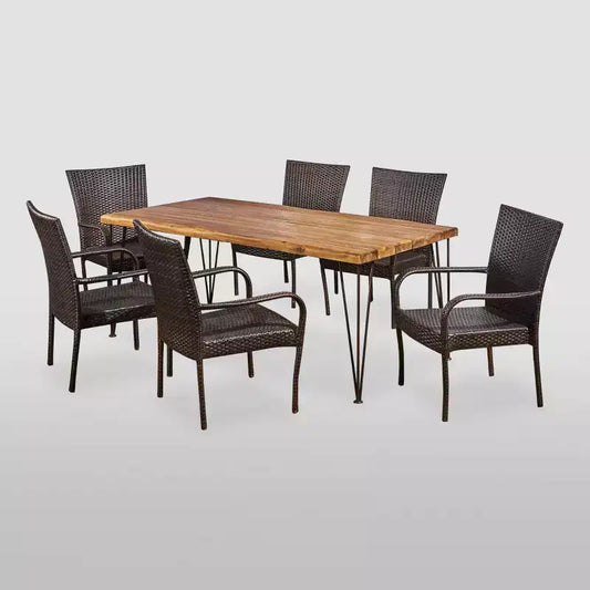 7pc Walker Acacia & Wicker Patio Dining Set Teak - Christopher Knight Home: Outdoor Seating, Hairpin Table
