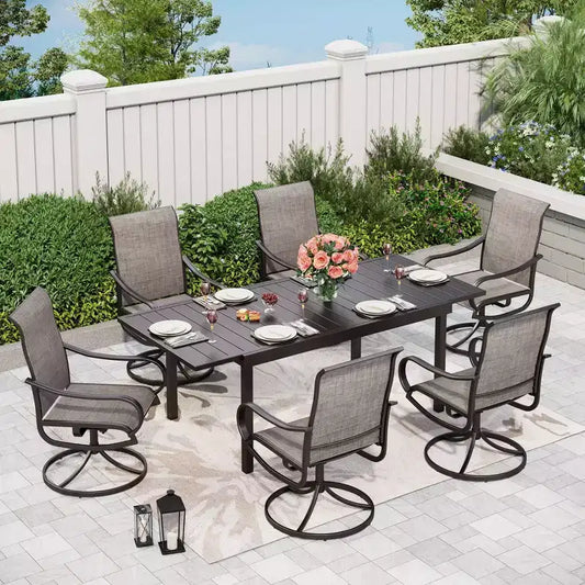 7pc Patio Dining Set with Steel Expandable Table & 360 Swivel Sling Arm Chairs - Captiva Designs: Outdoor Furniture Set