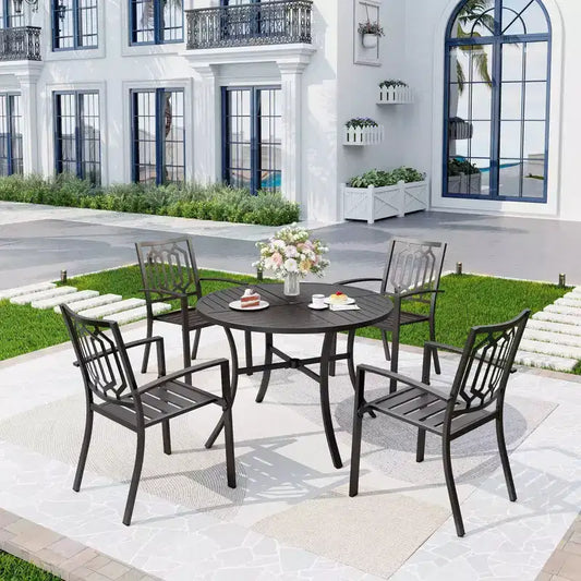 5pc Outdoor Dining Set with Stackable Chairs & Metal Round Table with Umbrella Hole - Black - Captiva Designs: Weather-Resistant Patio Set