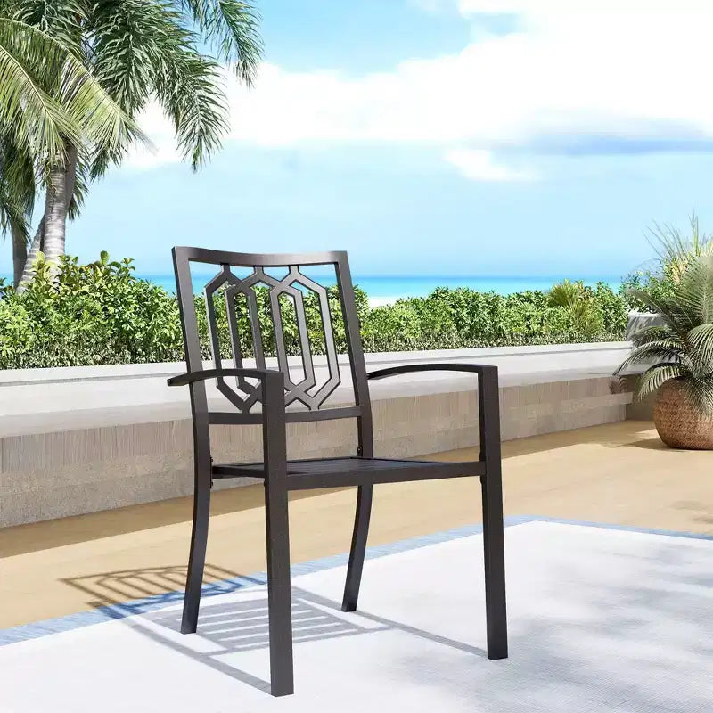 Set da pranzo per esterni da 5 pezzi con sedie impilabili e tavolo rotondo in metallo con foro per ombrellone - Nero - Captiva Designs: Set da patio resistente alle intemperie