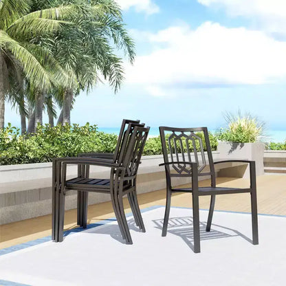 Set da pranzo per esterni da 5 pezzi con sedie impilabili e tavolo rotondo in metallo con foro per ombrellone - Nero - Captiva Designs: Set da patio resistente alle intemperie