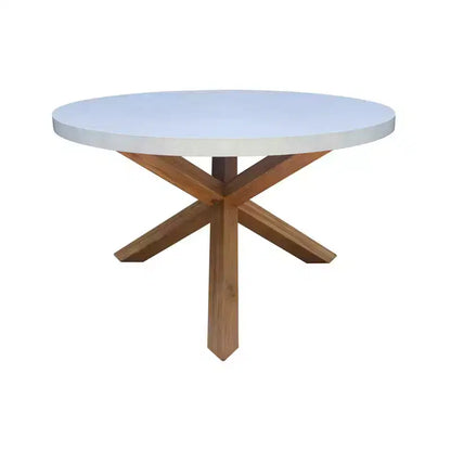Set da pranzo da esterno International Concepts in teak, 5 pezzi, con tavolo rotondo e sedie: cuscini in schiuma, ferramenta in metallo