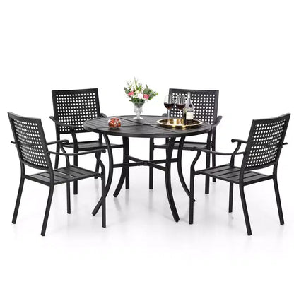 Set da pranzo da esterno da 5 pezzi con tavolo rotondo a doghe in metallo con foro per ombrellone - Captiva Designs: Sedie impilabili, resistenti alla ruggine