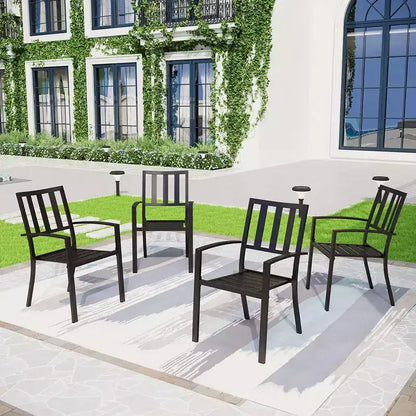 Set da pranzo da esterno 5 pezzi con sedie impilabili a righe e tavolo rotondo in metallo con foro per ombrellone - Nero - Captiva Designs: Telaio in acciaio