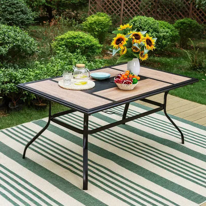 Ensemble de repas d'extérieur 7 pièces : Noir/Beige, structure en acier, résistant à l'eau et à la rouille, 6 chaises avec accoudoirs, table rectangulaire, mobilier de jardin