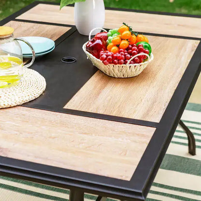 Ensemble de repas d'extérieur 7 pièces : Noir/Beige, structure en acier, résistant à l'eau et à la rouille, 6 chaises avec accoudoirs, table rectangulaire, mobilier de jardin