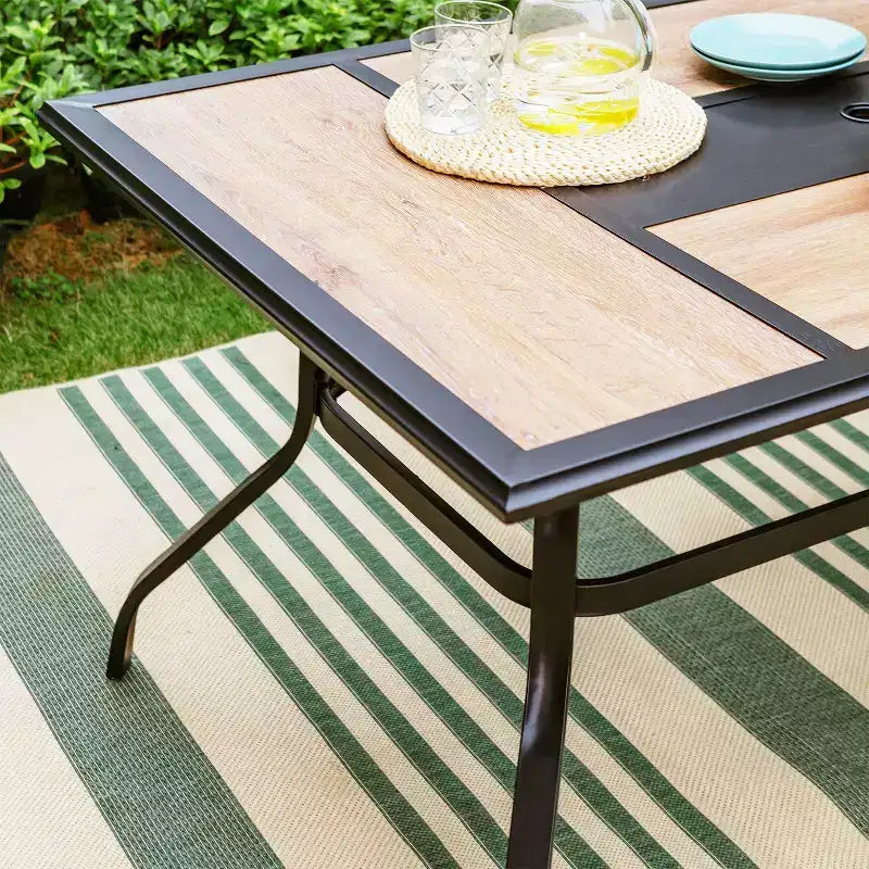 Ensemble de repas d'extérieur 7 pièces : Noir/Beige, structure en acier, résistant à l'eau et à la rouille, 6 chaises avec accoudoirs, table rectangulaire, mobilier de jardin