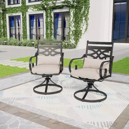 Ensemble de repas d'extérieur 7 pièces : Noir/Beige, structure en acier, résistant à l'eau et à la rouille, 6 chaises avec accoudoirs, table rectangulaire, mobilier de jardin