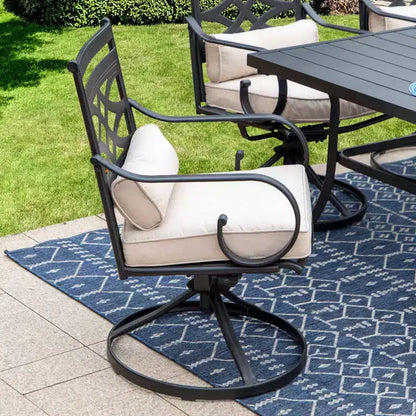 Ensemble de repas d'extérieur 7 pièces : Noir/Beige, structure en acier, résistant à l'eau et à la rouille, 6 chaises avec accoudoirs, table rectangulaire, mobilier de jardin