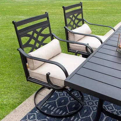 Ensemble de repas d'extérieur 7 pièces : Noir/Beige, structure en acier, résistant à l'eau et à la rouille, 6 chaises avec accoudoirs, table rectangulaire, mobilier de jardin