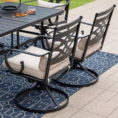 Ensemble de repas d'extérieur 7 pièces : Noir/Beige, structure en acier, résistant à l'eau et à la rouille, 6 chaises avec accoudoirs, table rectangulaire, mobilier de jardin