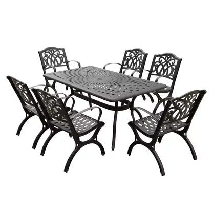 7pc Outdoor Dining Set with 67" Modern Ornate Mesh Aluminum Rectangular Table & Luxury Chairs - Black - Oakland Living