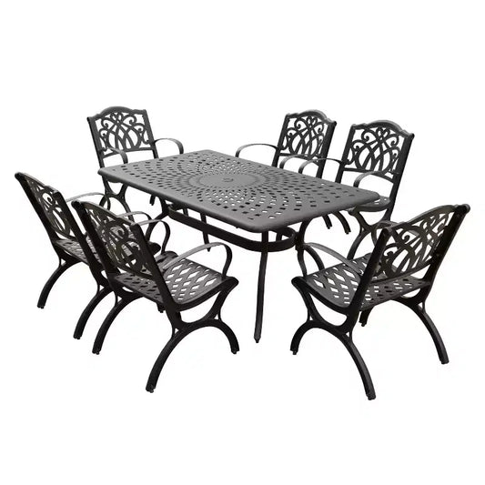 7pc Outdoor Dining Set with 67" Modern Ornate Mesh Aluminum Rectangular Table & Luxury Chairs - Black - Oakland Living