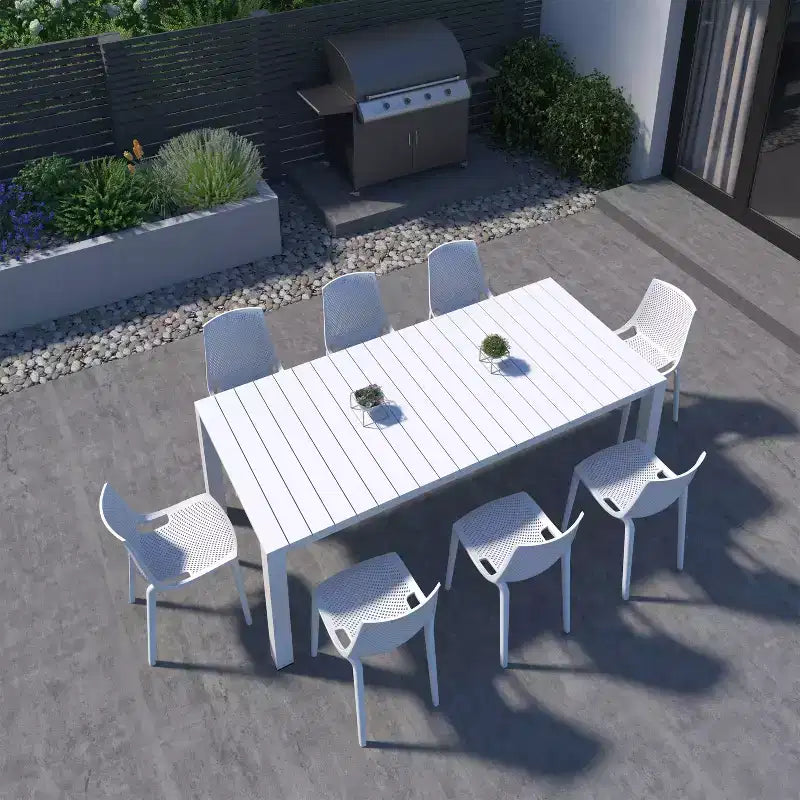 Ensemble de salle à manger rectangulaire Amazonia Leblon 9 pièces en aluminium blanc pour patio