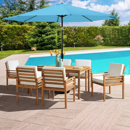 Ensemble de salle à manger d'extérieur 8 pièces Alaterre Furniture, table Okemo avec parasol inclinable automatique 3 m bleu