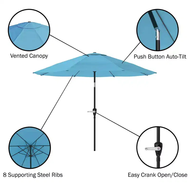 Ensemble de salle à manger d'extérieur 8 pièces Alaterre Furniture, table Okemo avec parasol inclinable automatique 3 m bleu