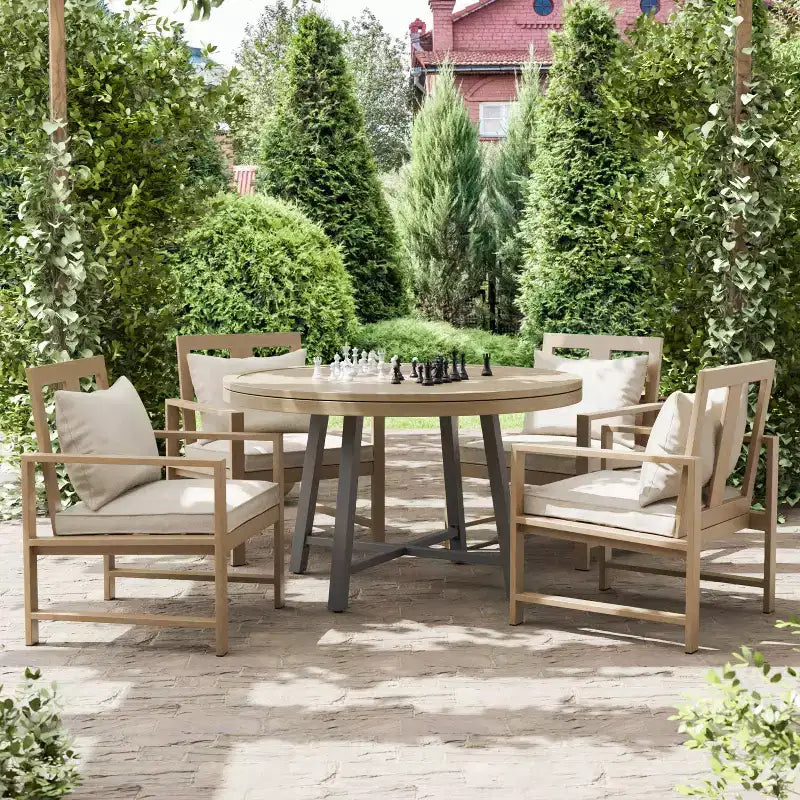Greemotion Set da Pranzo Trasformabile 3-in-1 da Esterno Lyon 5 Pezzi con Poltrone Marrone: Tavolo Moderno in Alluminio e Teak, Resistente ai Raggi UV
