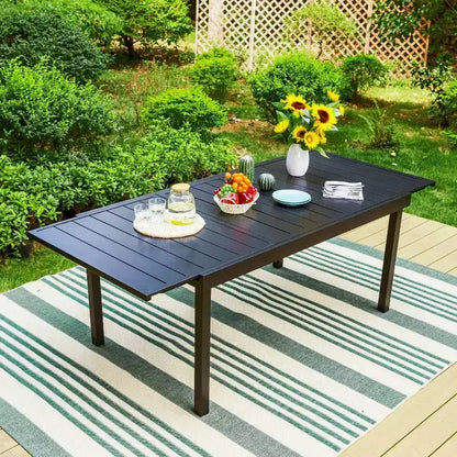 Ensemble de patio 9 pièces avec table extensible en acier et chaises empilables en textilène – Captiva Designs : Repas en extérieur, Résistant aux intempéries