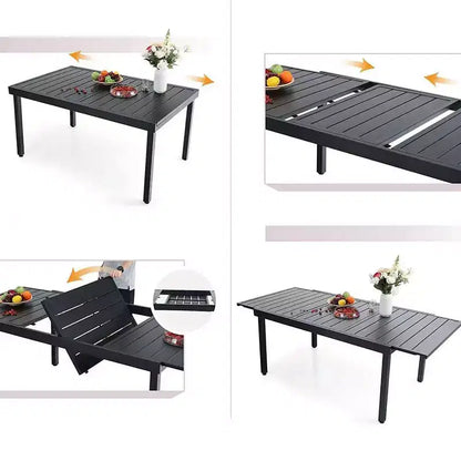 Ensemble de patio 9 pièces avec table extensible en acier et chaises empilables en textilène – Captiva Designs : Repas en extérieur, Résistant aux intempéries