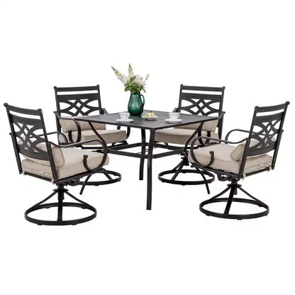 Ensemble de salle à manger extérieur 5 pièces avec chaises pivotantes, coussins d'assise et de dossier et table carrée en métal avec trou pour parasol - Captiva Designs