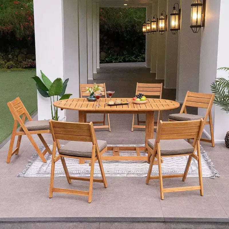 Ensemble de salle à manger d'extérieur pliant 7 pièces en teck Sonoma Lane Belton avec coussins Sunbrella Cast Shale – Meubles de patio résistants aux intempéries
