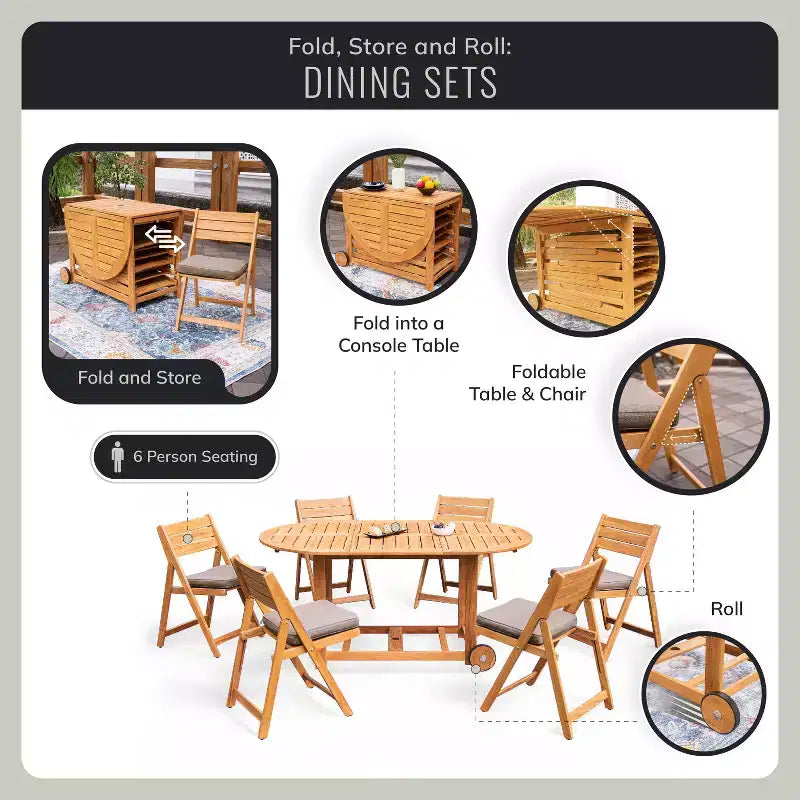 Ensemble de salle à manger d'extérieur pliant 7 pièces en teck Sonoma Lane Belton avec coussins Sunbrella Cast Shale – Meubles de patio résistants aux intempéries