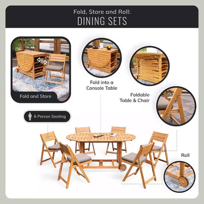 Ensemble de salle à manger d'extérieur pliant 7 pièces en teck Sonoma Lane Belton avec coussins Sunbrella Cast Shale – Meubles de patio résistants aux intempéries