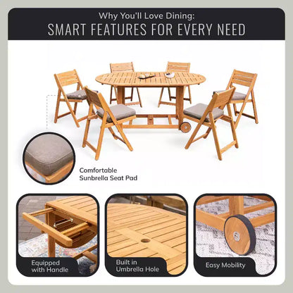 Ensemble de salle à manger d'extérieur pliant 7 pièces en teck Sonoma Lane Belton avec coussins Sunbrella Cast Shale – Meubles de patio résistants aux intempéries