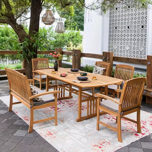 Sonoma Lane Amherst 6pc Teak Outdoor Dining Set with Beige Cushions – Weather-Resistant, 2. Umbrella Hole