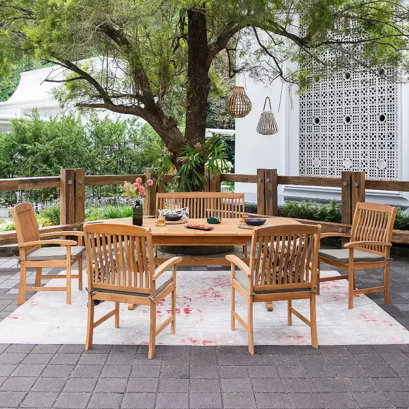 Ensemble de salle à manger d'extérieur en teck Sonoma Lane Amherst 6 pièces avec coussins beiges – Résistant aux intempéries, 2 trous pour parasol