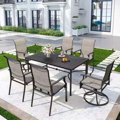 7pc Outdoor Dining Set with Rectangular Table with 1.9" Umbrella Hole & Padded Textilene Chairs - Gray/Black - Captiva Designs: Steel Frame