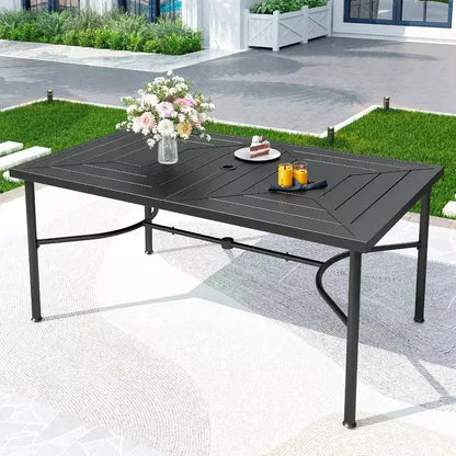 Set da pranzo da esterno 7 pezzi con tavolo rettangolare con foro per ombrellone da 1,9" e sedie in Textilene imbottite - Grigio/Nero - Captiva Designs: Struttura in acciaio