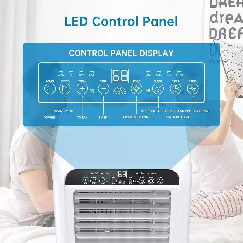Condizionatore Portatile Ultra Silenzioso da 8000 BTU, 3-in-1 con Deumidificatore e Ventilatore, Timer 24H, Kit Finestra e Telecomando per ambienti fino a 32,5 m²
