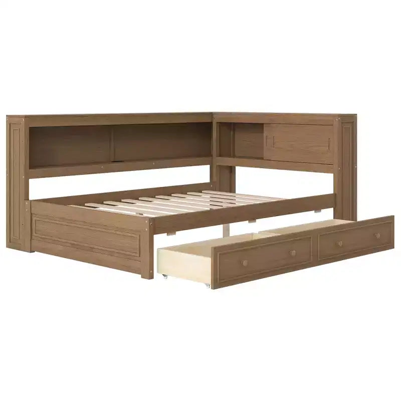Letto angolare a grandezza naturale con cassetti portaoggetti, libreria, struttura letto a giorno in legno a forma di L con testiera a libreria per soggiorno