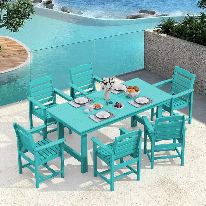 Set da pranzo da esterno Hyleory 7 pezzi, tavolo rettangolare da 170 cm con foro per ombrellone e 6 sedie