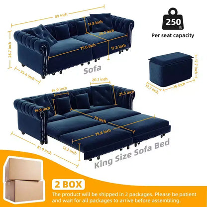 Canapé-lit gigogne 3-en-1 King Size Whisen Velvet et canapé convertible avec pouf mobile, design capitonné