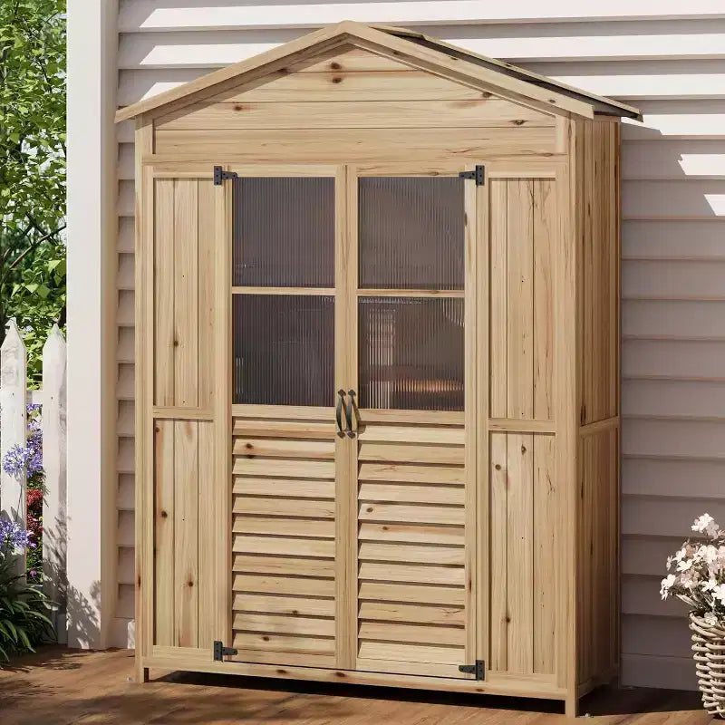 Mobile da Patio in Legno Resistente alle Intemperie Abete con Tetto Impermeabile, 6 Ripiani Regolabili, Pali di Fissaggio e Kit Anti-Caduta Ideale per Attrezzi da Giardino