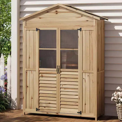 Mobile da Patio in Legno Resistente alle Intemperie Abete con Tetto Impermeabile, 6 Ripiani Regolabili, Pali di Fissaggio e Kit Anti-Caduta Ideale per Attrezzi da Giardino