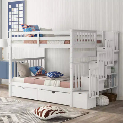 Letto a castello Full over Full con scaletta per bambini, struttura a castello matrimoniale con 6 cassetti e ringhiera per cameretta o dormitorio