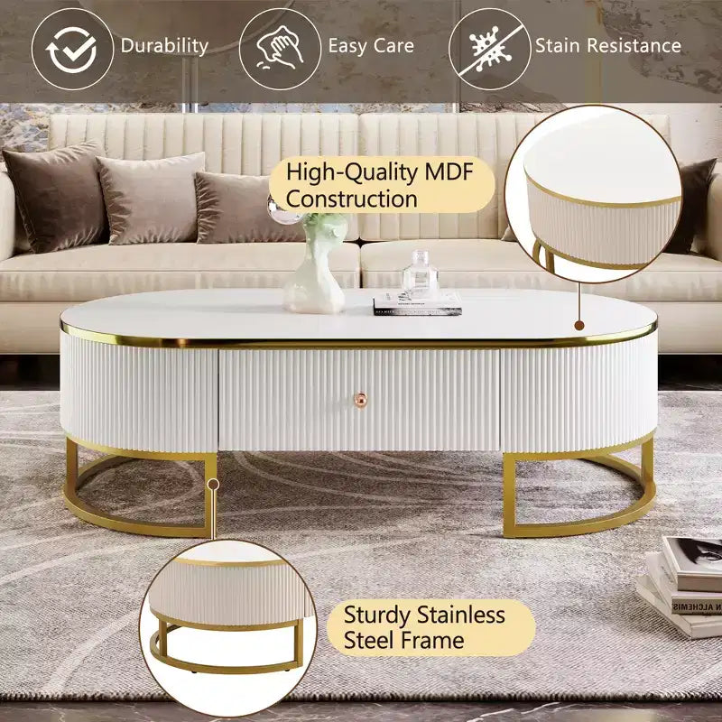 Tavolino da Caffè Moderno 47W, Tavolino da Salotto, Tavolino Centrotavola, Tavolino d'Appoggio con Cassetti, Design dal Profilo Curvo, Gambe in Metallo Dorato, Ovale, Bianco+Oro-ModernLuxe