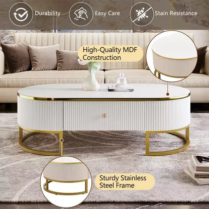 Tavolino da Caffè Moderno 47W, Tavolino da Salotto, Tavolino Centrotavola, Tavolino d'Appoggio con Cassetti, Design dal Profilo Curvo, Gambe in Metallo Dorato, Ovale, Bianco+Oro-ModernLuxe