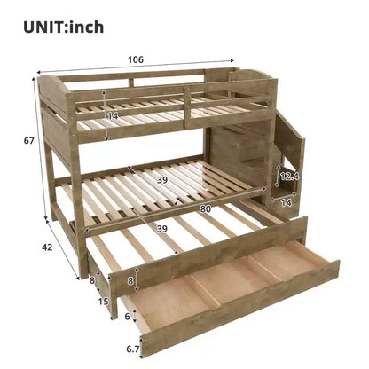 Lit superposé Whisen Twin XL avec lit gigogne, lit superposé avec rangement, lit superposé en bois massif, escalier de rangement, armoire, 3 tiroirs, pour enfants