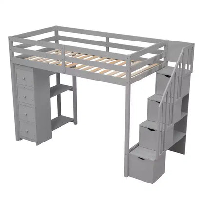Lit mezzanine double en bois Whisen avec tiroirs de rangement, escalier et étagères