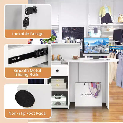 Costway Bancone per Reception, Scrivania da Ufficio con Ripiano Aperto e Cassetto con Serratura, Bianco/Marrone/Nero