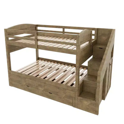 Lit superposé Whisen Twin XL avec lit gigogne, lit superposé avec rangement, lit superposé en bois massif, escalier de rangement, armoire, 3 tiroirs, pour enfants
