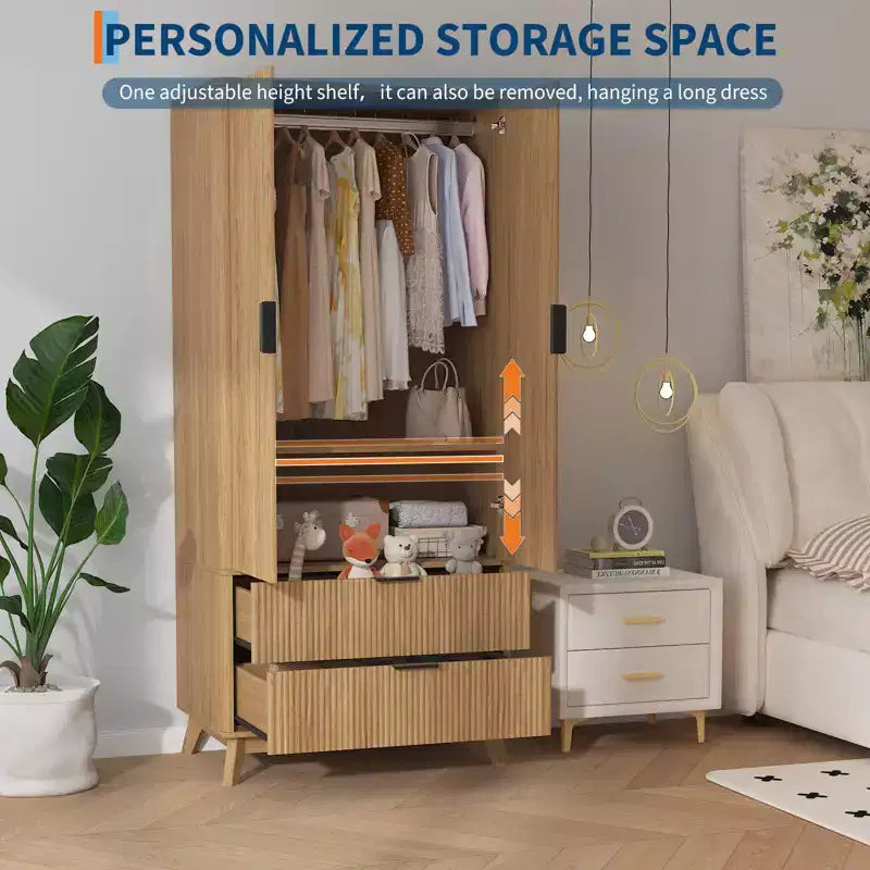 Armoire à portes cannelées, Armoire en bois de 71 pouces avec 2 portes, 2 tiroirs, étagère réglable et tringle de suspension, Armoire de rangement pour vêtements