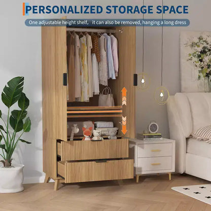 Armoire à portes cannelées, Armoire en bois de 71 pouces avec 2 portes, 2 tiroirs, étagère réglable et tringle de suspension, Armoire de rangement pour vêtements