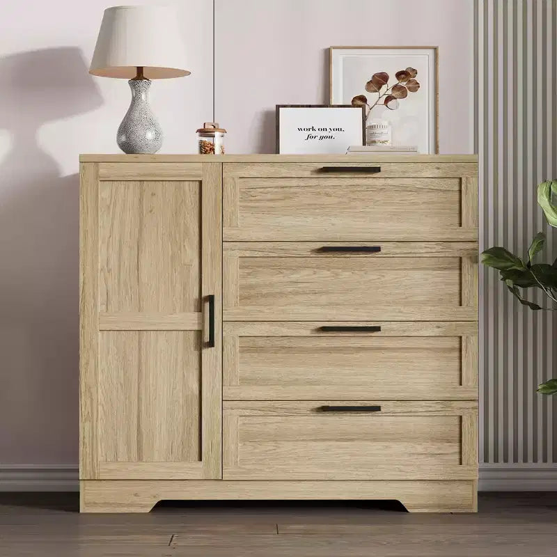 Armadio Guardaroba, 109,98 cm H, in Legno, con 4 Cassetti e Asta Appendiabiti, Rovere Naturale Grigio