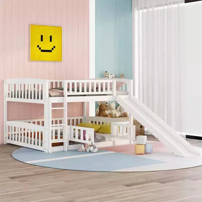Letto a Castello con Scivolo, Letto a Castello Basso Doppio su Doppio con Recinzione e Scaletta per Bambini e Ragazzi, Bianco